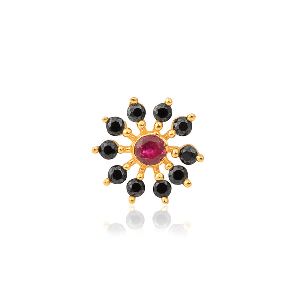 Red CZ & Black Spinel Style Cluster Floral Nose Pin - Gold Plated Sterling Silver