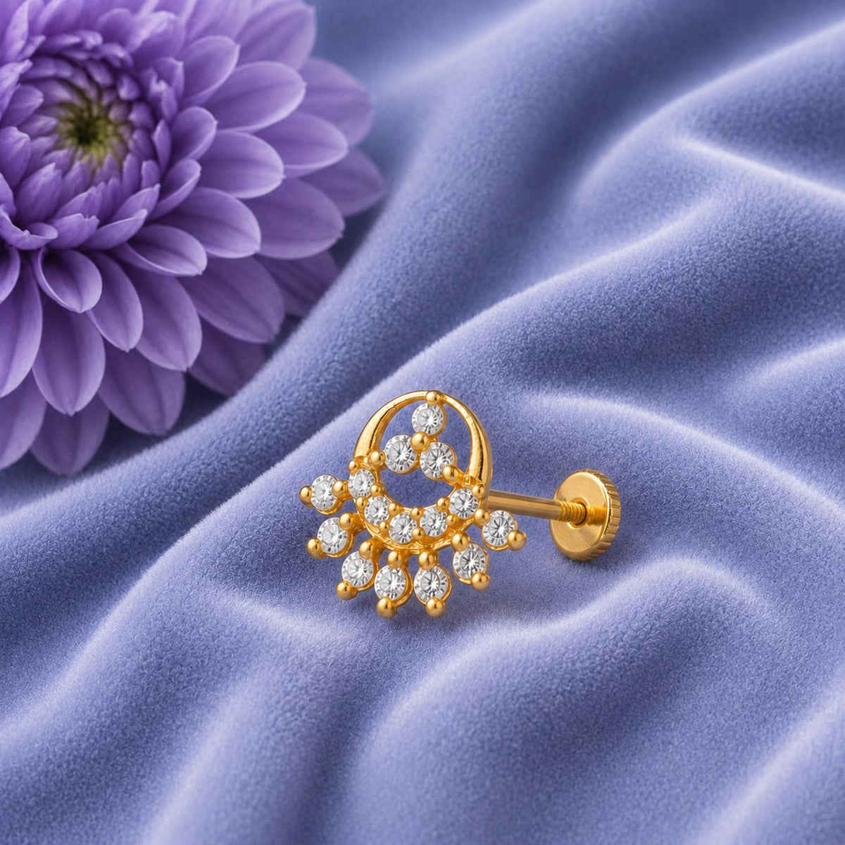 White CZ Chand Nose Pin - Gold Plated 925 Silver