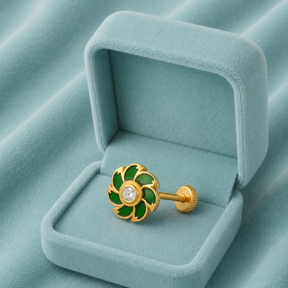 White CZ Center Green Enamel Floral Nose Pin - Sterling Silver Gold Plated