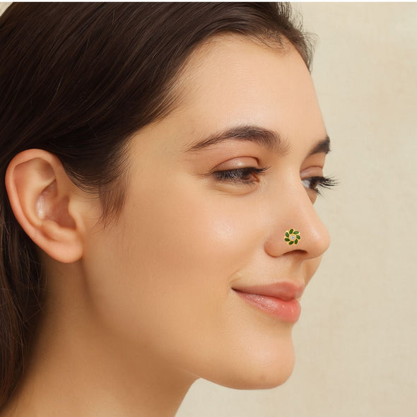 White CZ Center Green Enamel Floral Nose Pin - Sterling Silver Gold Plated