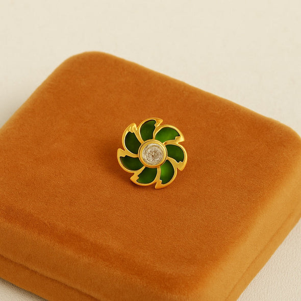 White CZ Center Green Enamel Floral Nose Pin - Sterling Silver Gold Plated