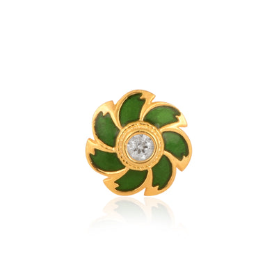 White CZ Center Green Enamel Floral Nose Pin - Sterling Silver Gold Plated