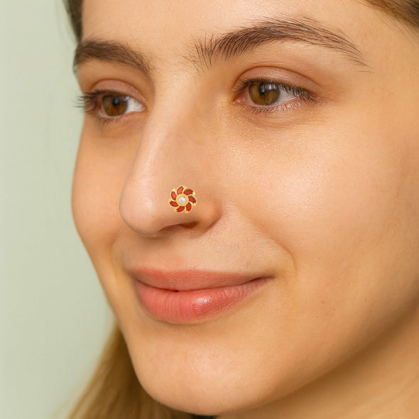 White CZ Center Red Enamel Floral Nose Pin - Srerling Silver Gold Plated