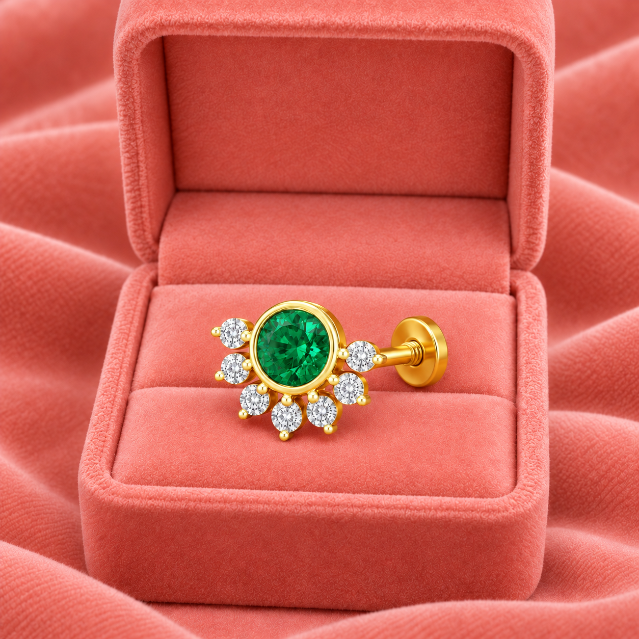 Green CZ Floral Nose Pin - Gold Plated 925 Silver
