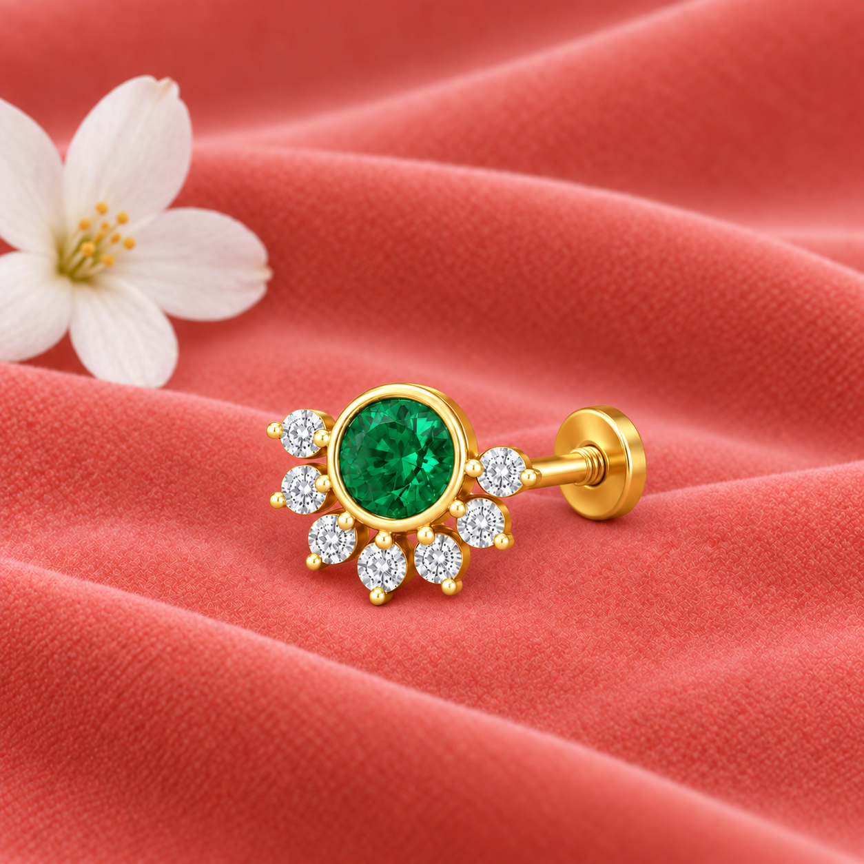 Green CZ Floral Nose Pin - Gold Plated 925 Silver