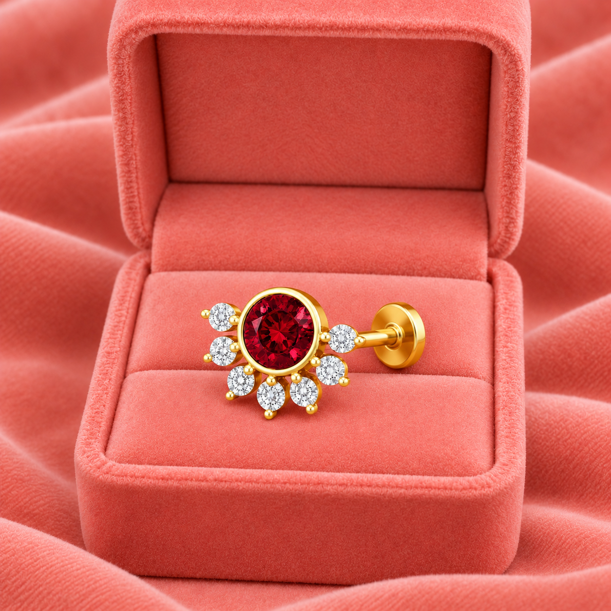 Red CZ Floral Nose Pin - Gold Plated 925 Silver