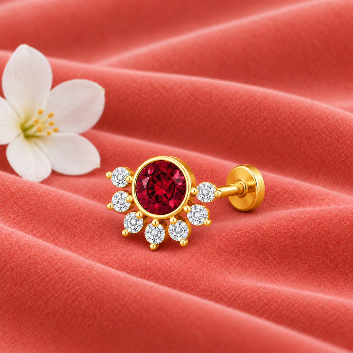 Red CZ Floral Nose Pin - Gold Plated 925 Silver