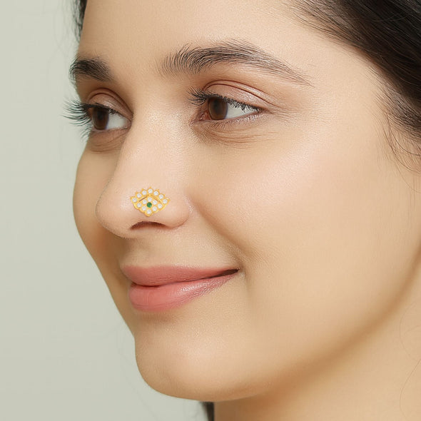 Green & White CZ Crown Motif Nose Pin - Sterling Silver Gold Plated