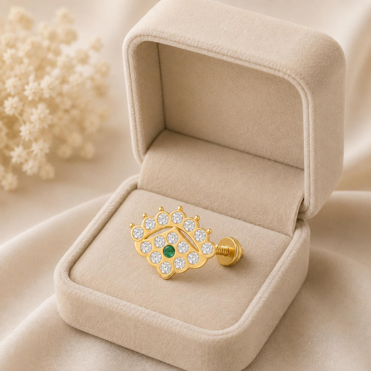 Green & White CZ Crown Motif Nose Pin - Sterling Silver Gold Plated