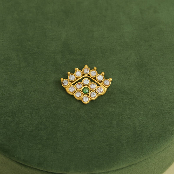 Green & White CZ Crown Motif Nose Pin - Sterling Silver Gold Plated