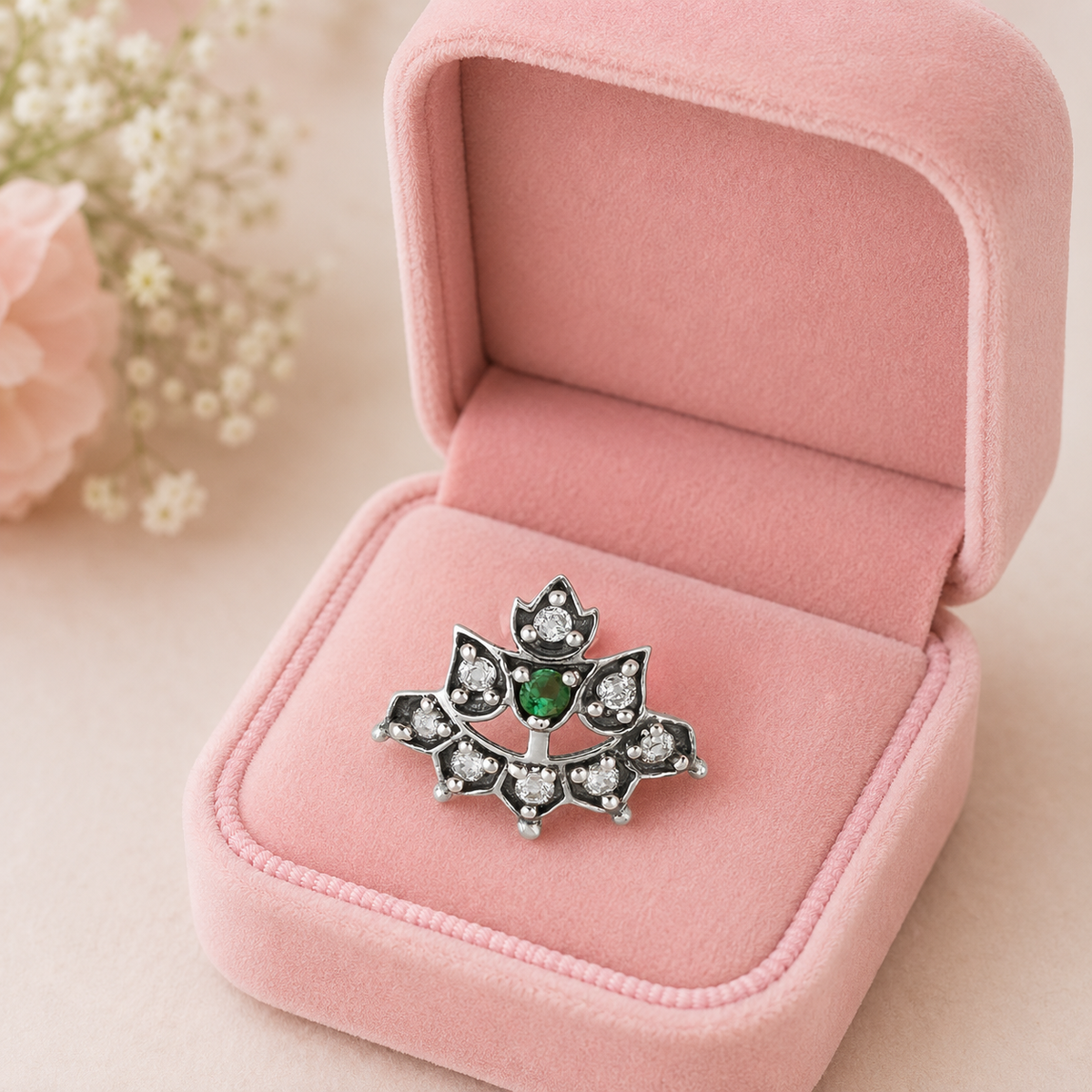 Green & White CZ Accents Lotus Nose Pin - 925 Oxidized  Sterling Silver