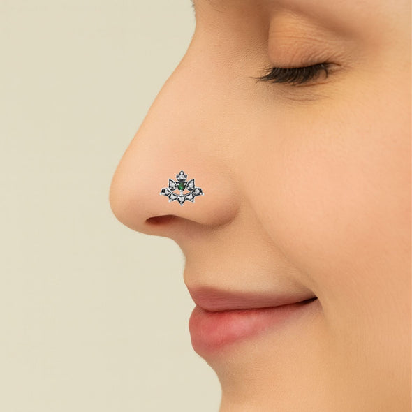 Green & White CZ Accents Lotus Nose Pin - 925 Oxidized  Sterling Silver