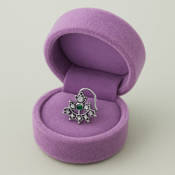 Green & White CZ Accents Lotus Nose Pin - 925 Oxidized  Sterling Silver