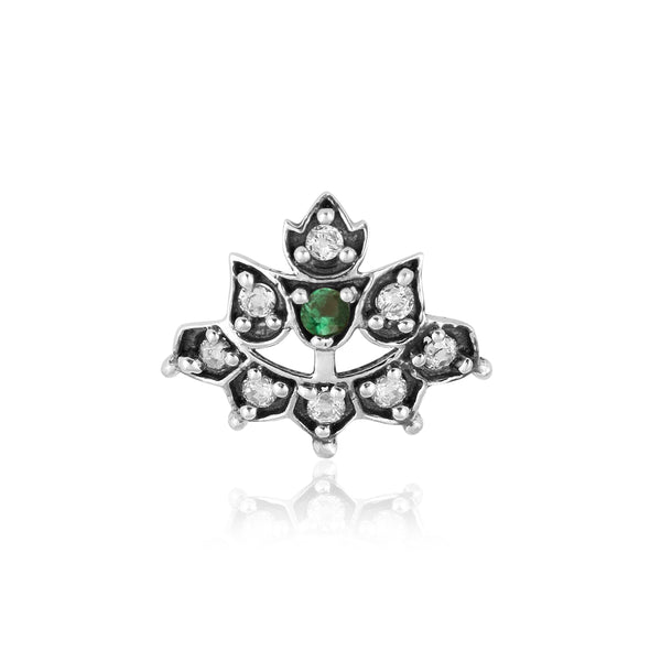 Green & White CZ Accents Lotus Nose Pin - 925 Oxidized  Sterling Silver