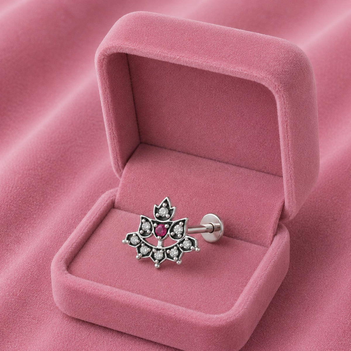 Ruby Pink & White CZ Stones Lotus Nose Pin - 925 Oxidized Sterling Silver