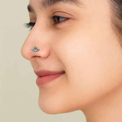 Ruby Pink & White CZ Stones Lotus Nose Pin - 925 Oxidized Sterling Silver