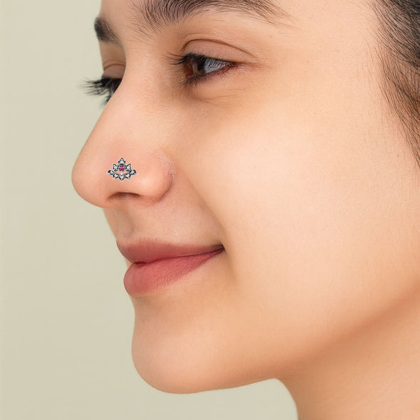 Ruby Pink & White CZ Stones Lotus Nose Pin - 925 Oxidized Sterling Silver