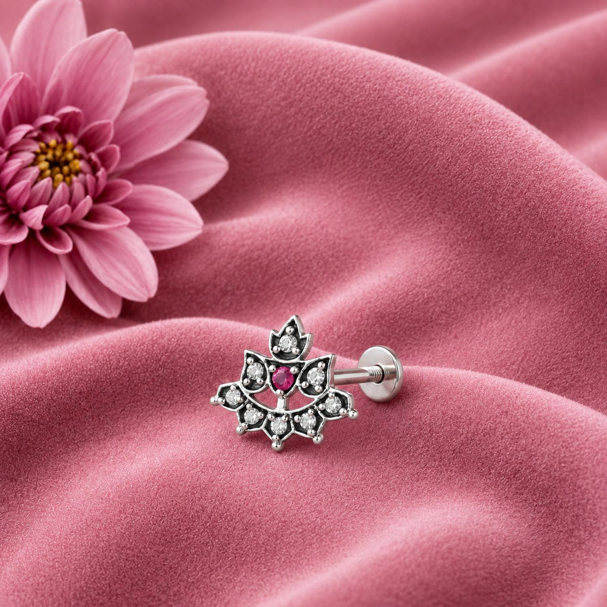 Ruby Pink & White CZ Stones Lotus Nose Pin - 925 Oxidized Sterling Silver