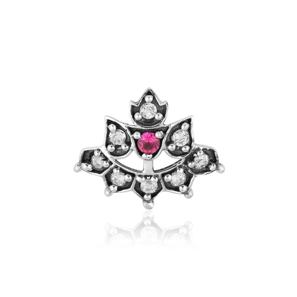Ruby Pink & White CZ Stones Lotus Nose Pin - 925 Oxidized Sterling Silver