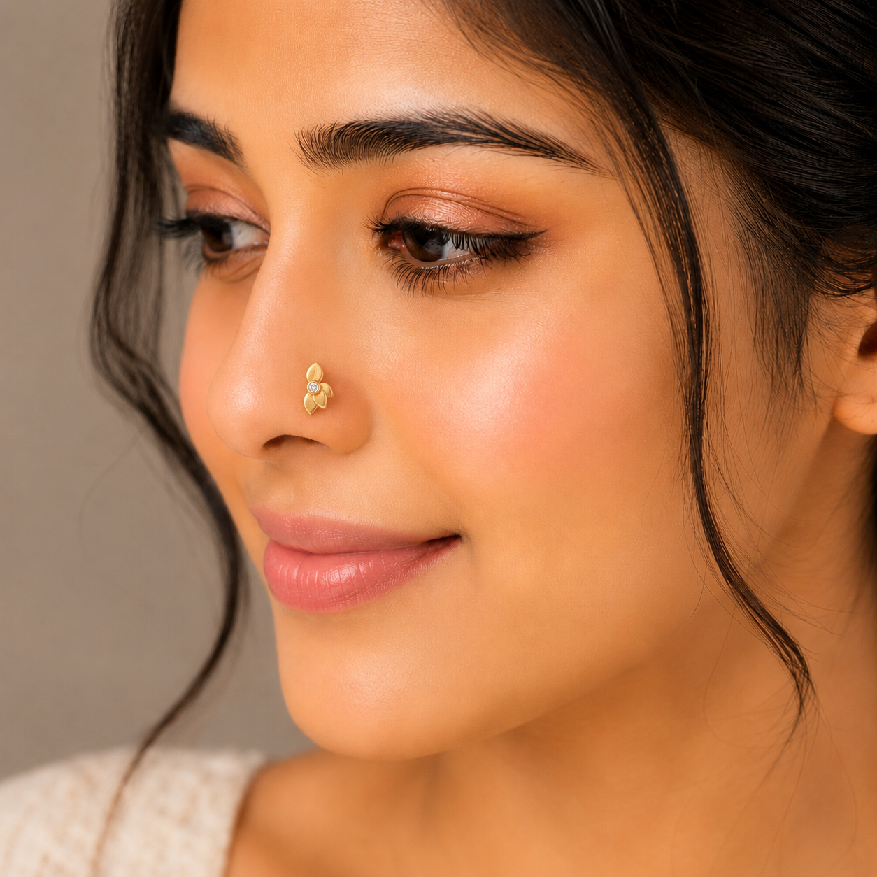 White CZ Center Three-Petal Floral Nose Pin - Sterling Silver Gold Plated