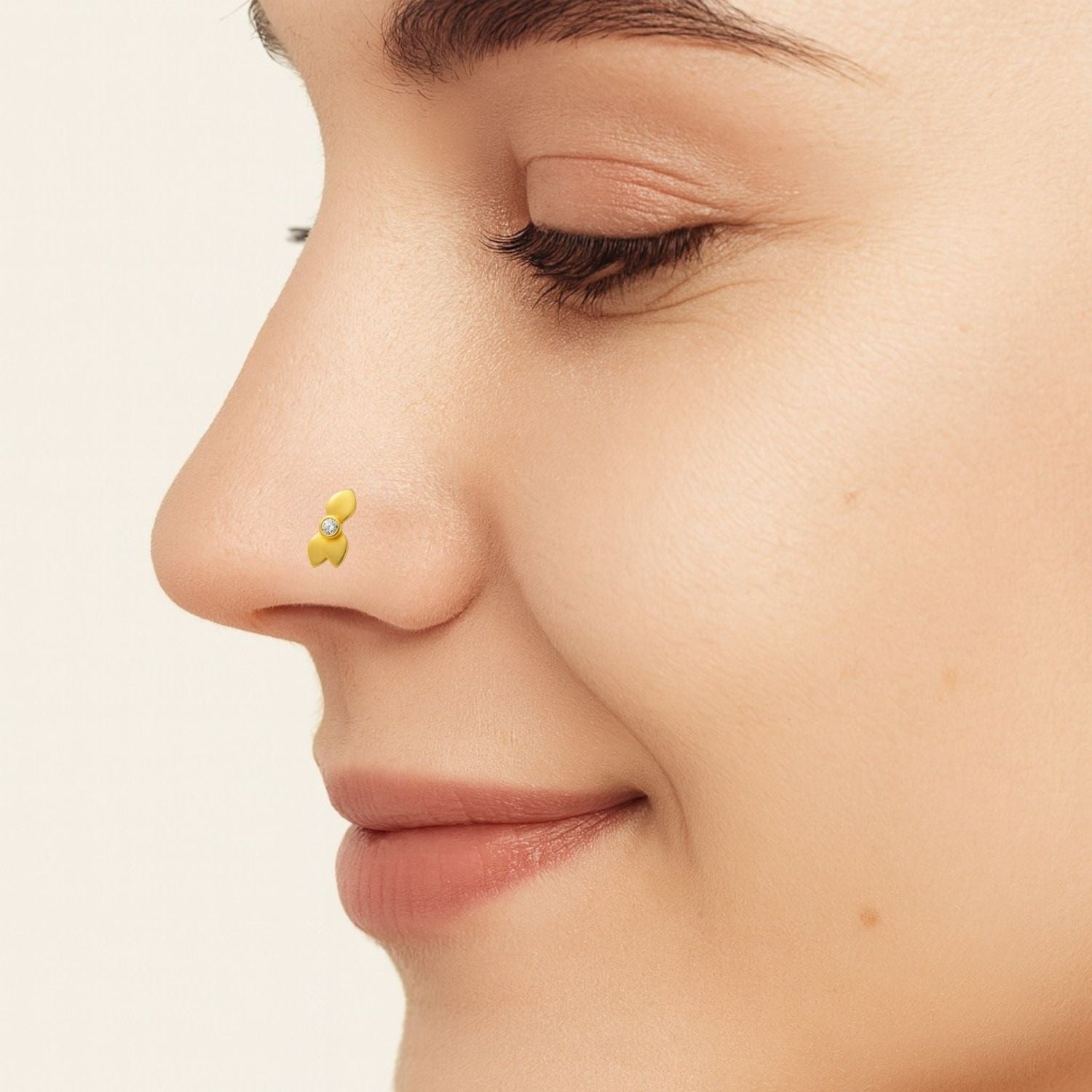 White CZ Center Three-Petal Floral Nose Pin - Sterling Silver Gold Plated