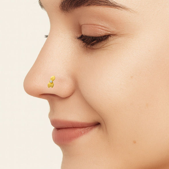 White CZ Center Three-Petal Floral Nose Pin - Sterling Silver Gold Plated