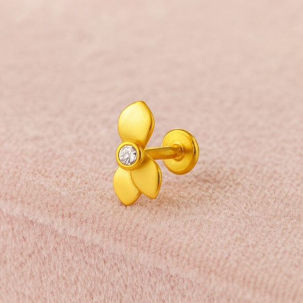 White CZ Center Three-Petal Floral Nose Pin - Sterling Silver Gold Plated