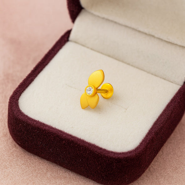 White CZ Center Three-Petal Floral Nose Pin - Sterling Silver Gold Plated