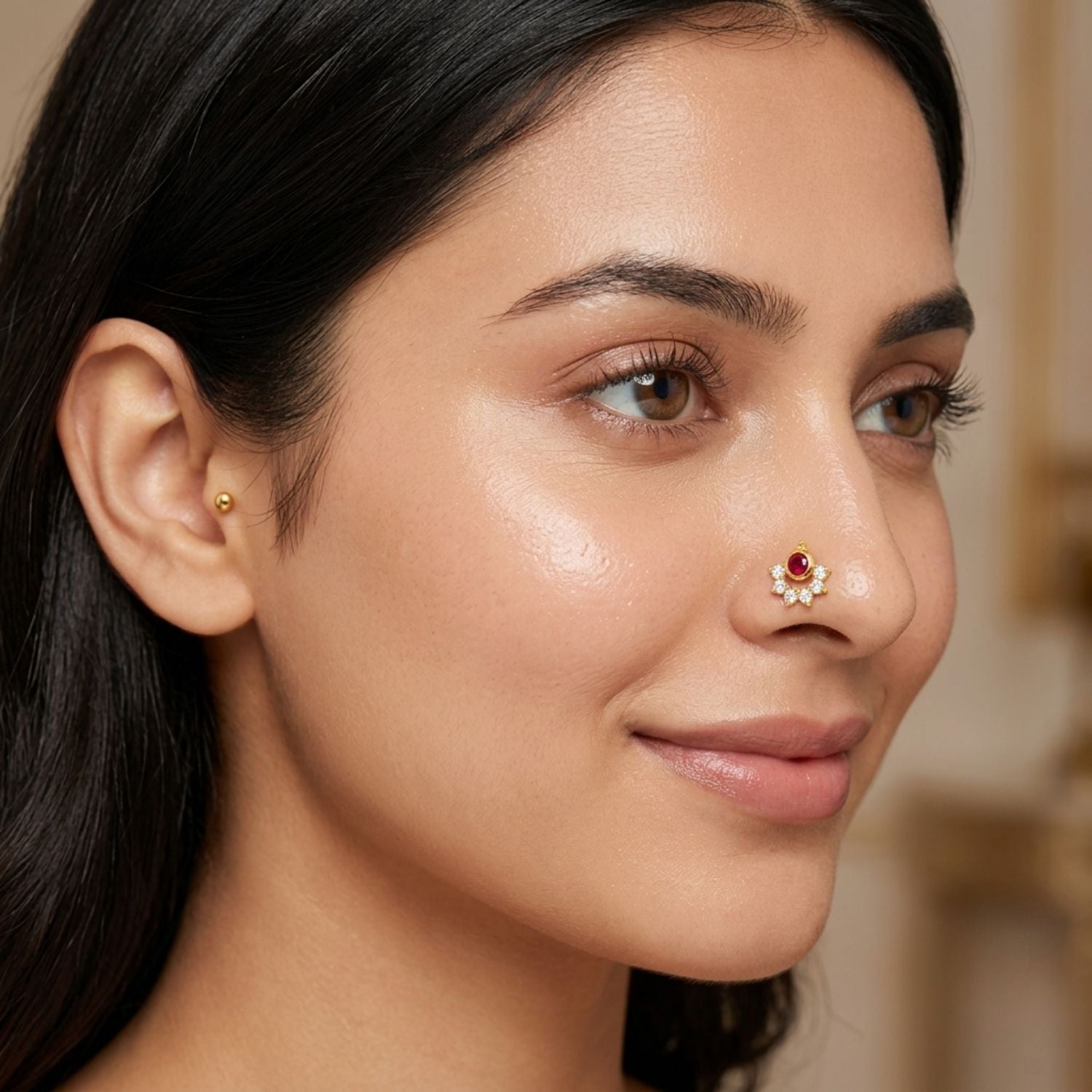 925 Sterling Silver Red CZ Halo Nose Stud - 925 Silver Gold Plated