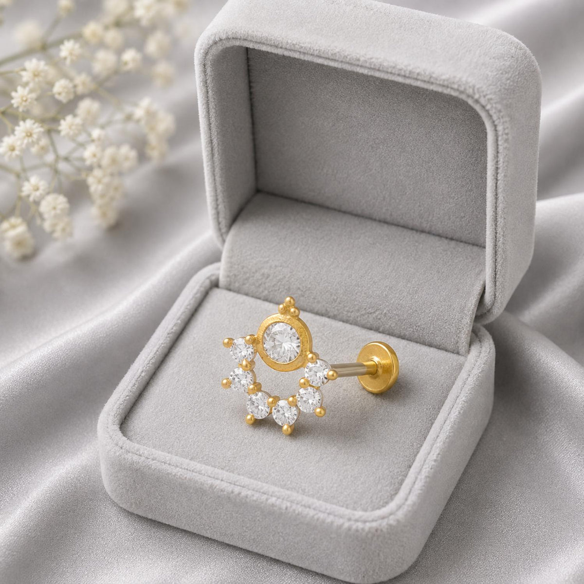 White CZ Crescent Cluster Nose Pin - Sterling Silver Gold Plated