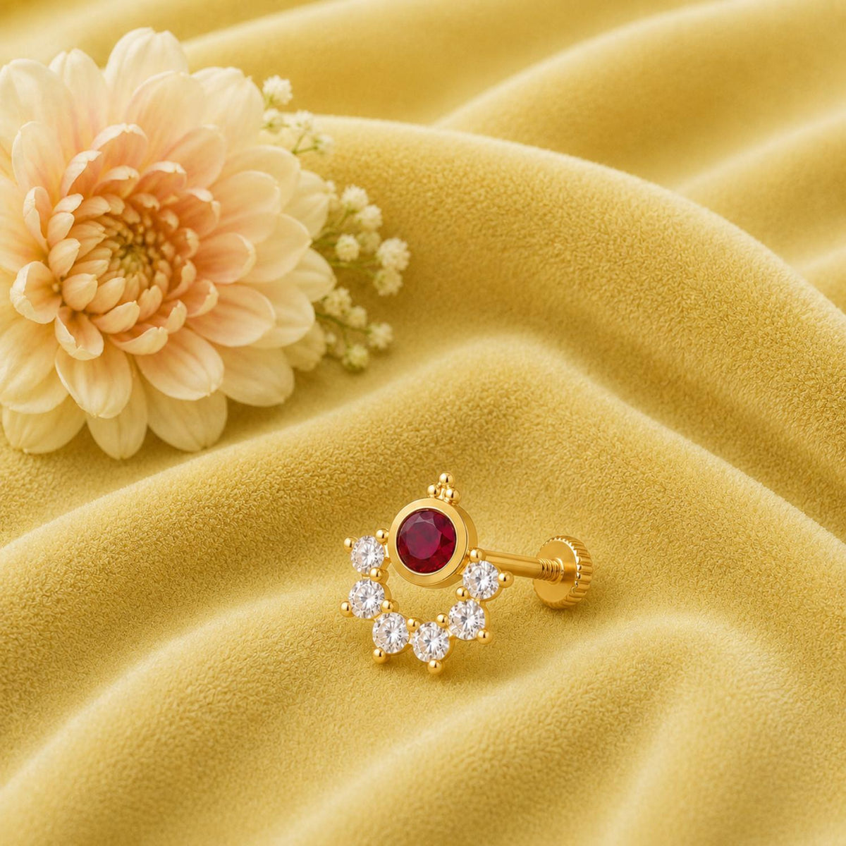 925 Sterling Silver Red CZ Halo Nose Stud - 925 Silver Gold Plated