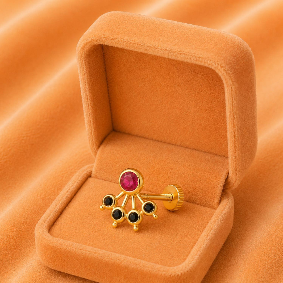Red & Black CZ Five Petal Fan Design Nose Pin - Sterling Silver Gold Plated