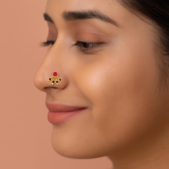 Red & Black CZ Five Petal Fan Design Nose Pin - Sterling Silver Gold Plated
