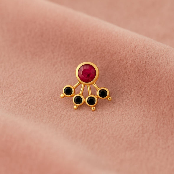 Red & Black CZ Five Petal Fan Design Nose Pin - Sterling Silver Gold Plated