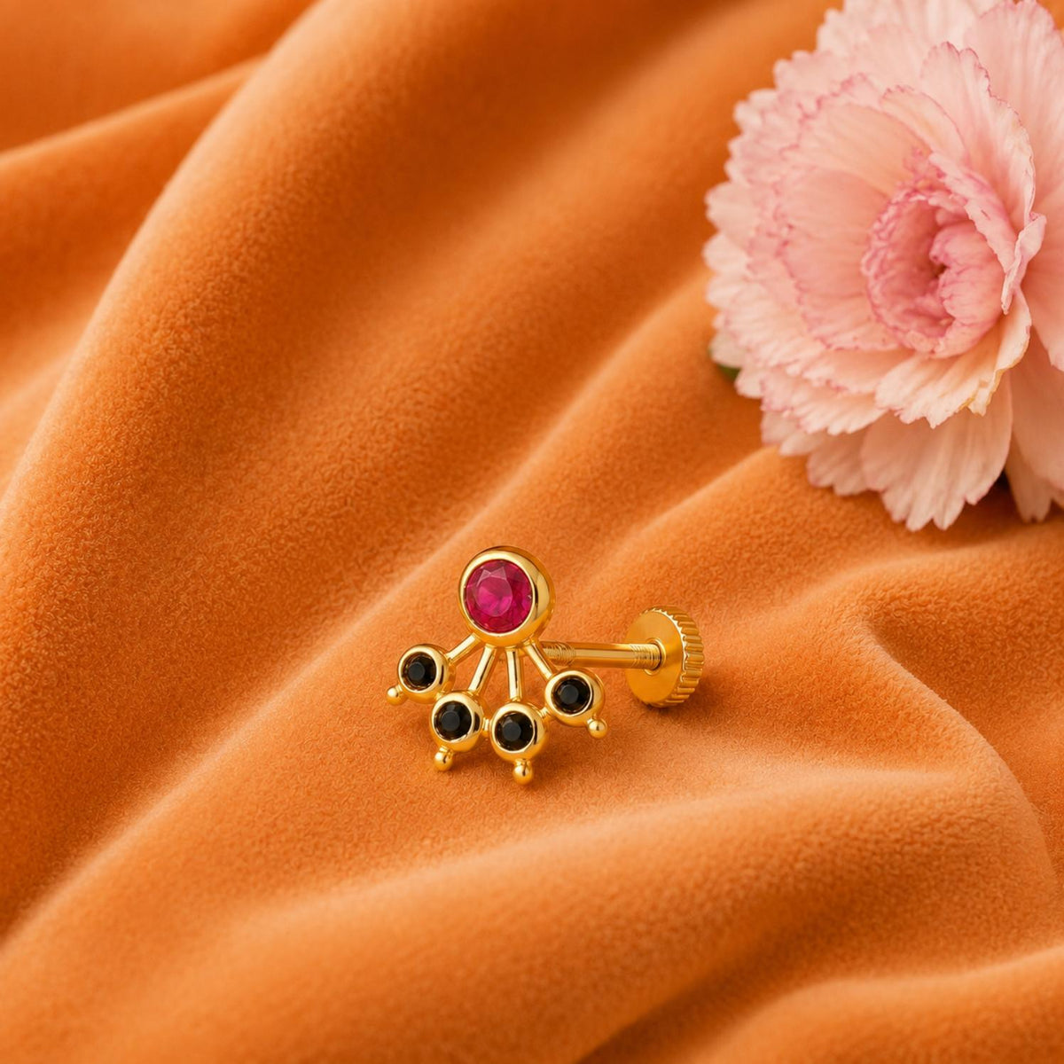 Red & Black CZ Five Petal Fan Design Nose Pin - Sterling Silver Gold Plated