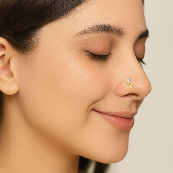White CZ Five Petal Fan Design Nose Pin - Sterling Silver Gold Plated
