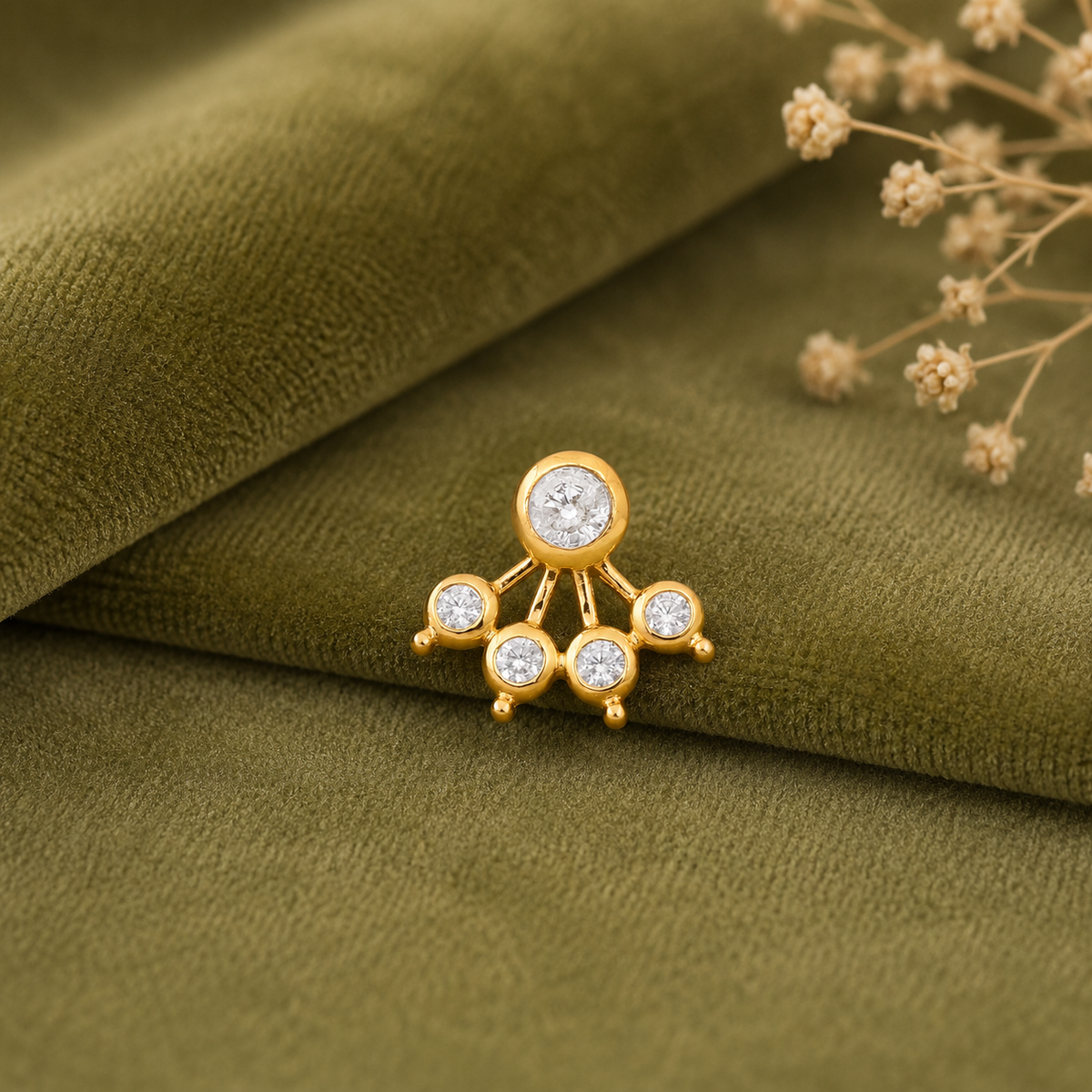 White CZ Five Petal Fan Design Nose Pin - Sterling Silver Gold Plated