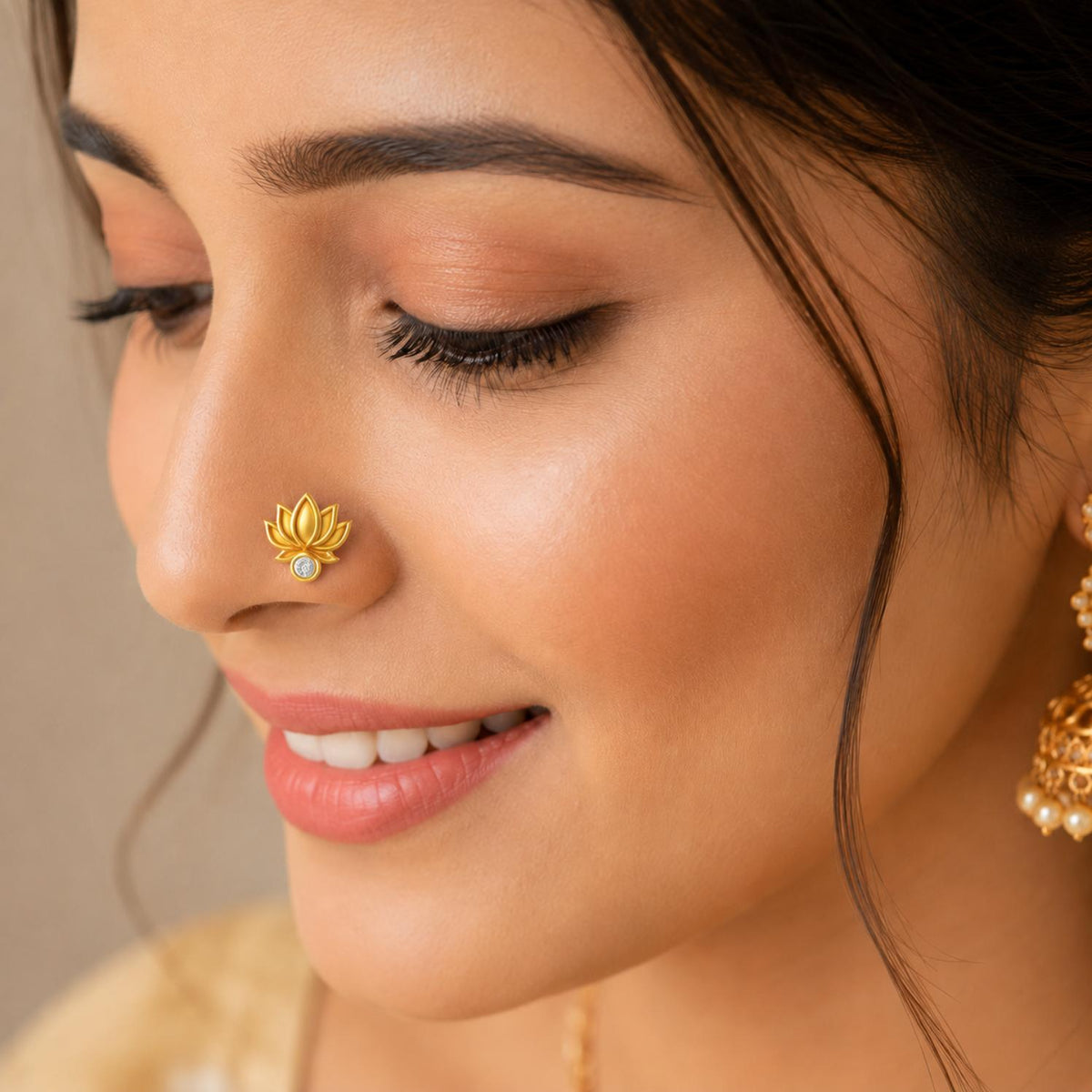 White CZ Lotus Motif Nose Pin – Sterling Silver Gold Plated
