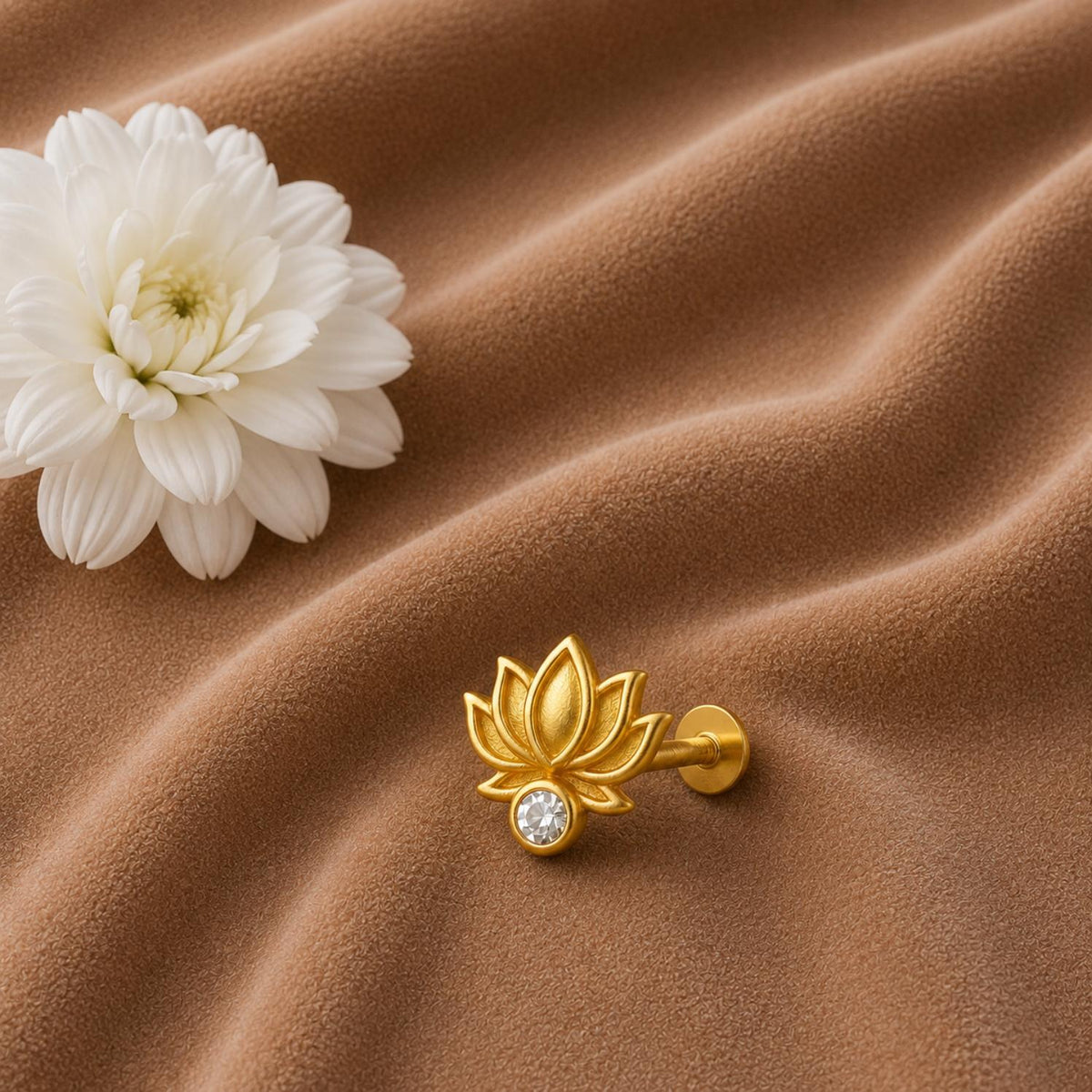 White CZ Lotus Motif Nose Pin – Sterling Silver Gold Plated
