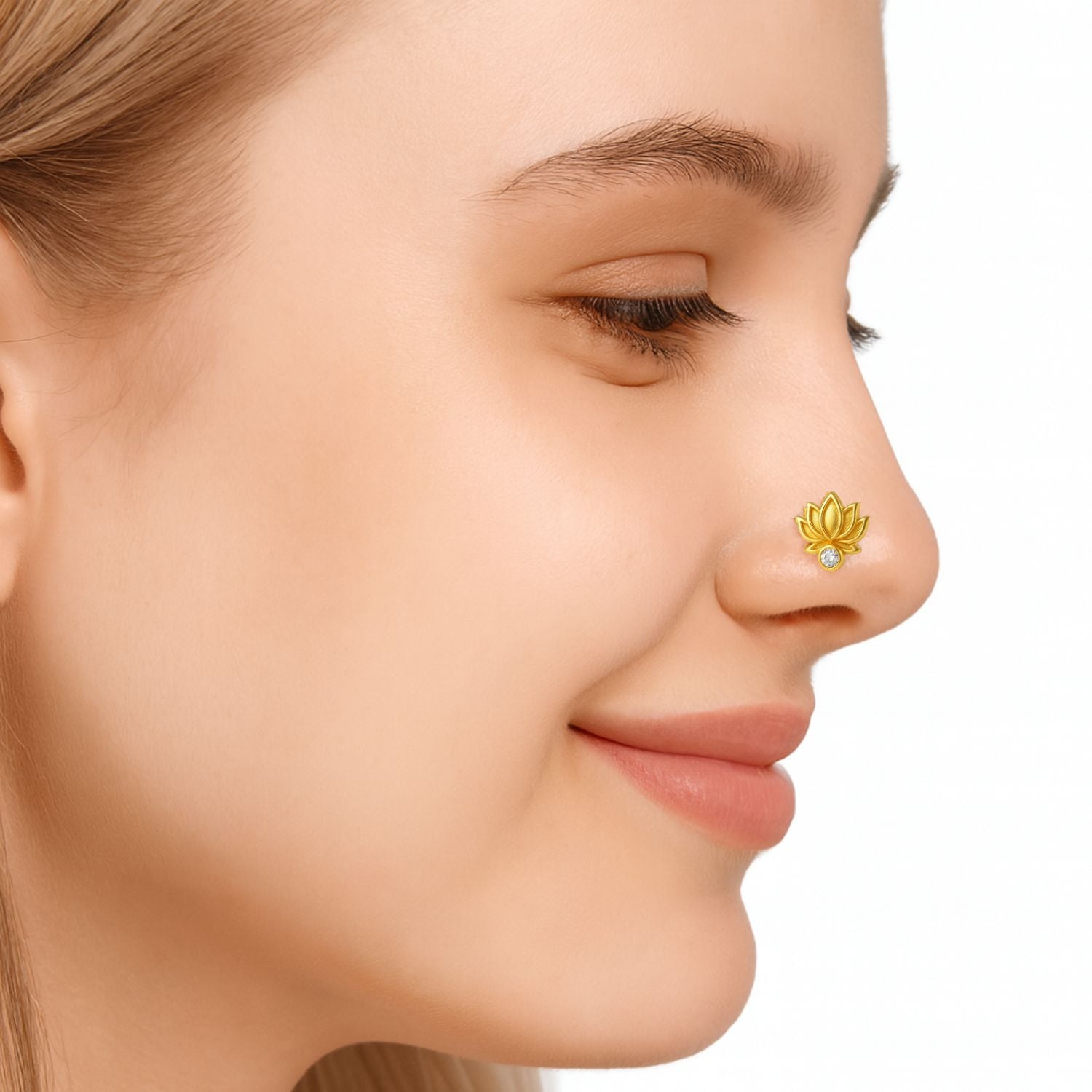 White CZ Lotus Motif Nose Pin – Sterling Silver Gold Plated