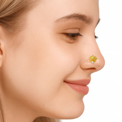 White CZ Lotus Motif Nose Pin – Sterling Silver Gold Plated