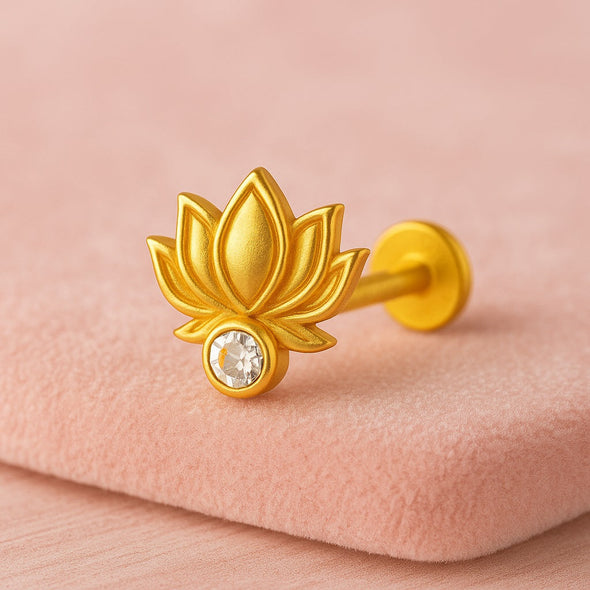 White CZ Lotus Motif Nose Pin – Sterling Silver Gold Plated