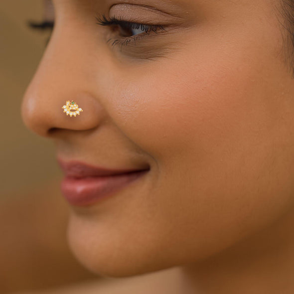 White & Green CZ Peacock Design Nose Pin - Sterling Silver Gold Plated
