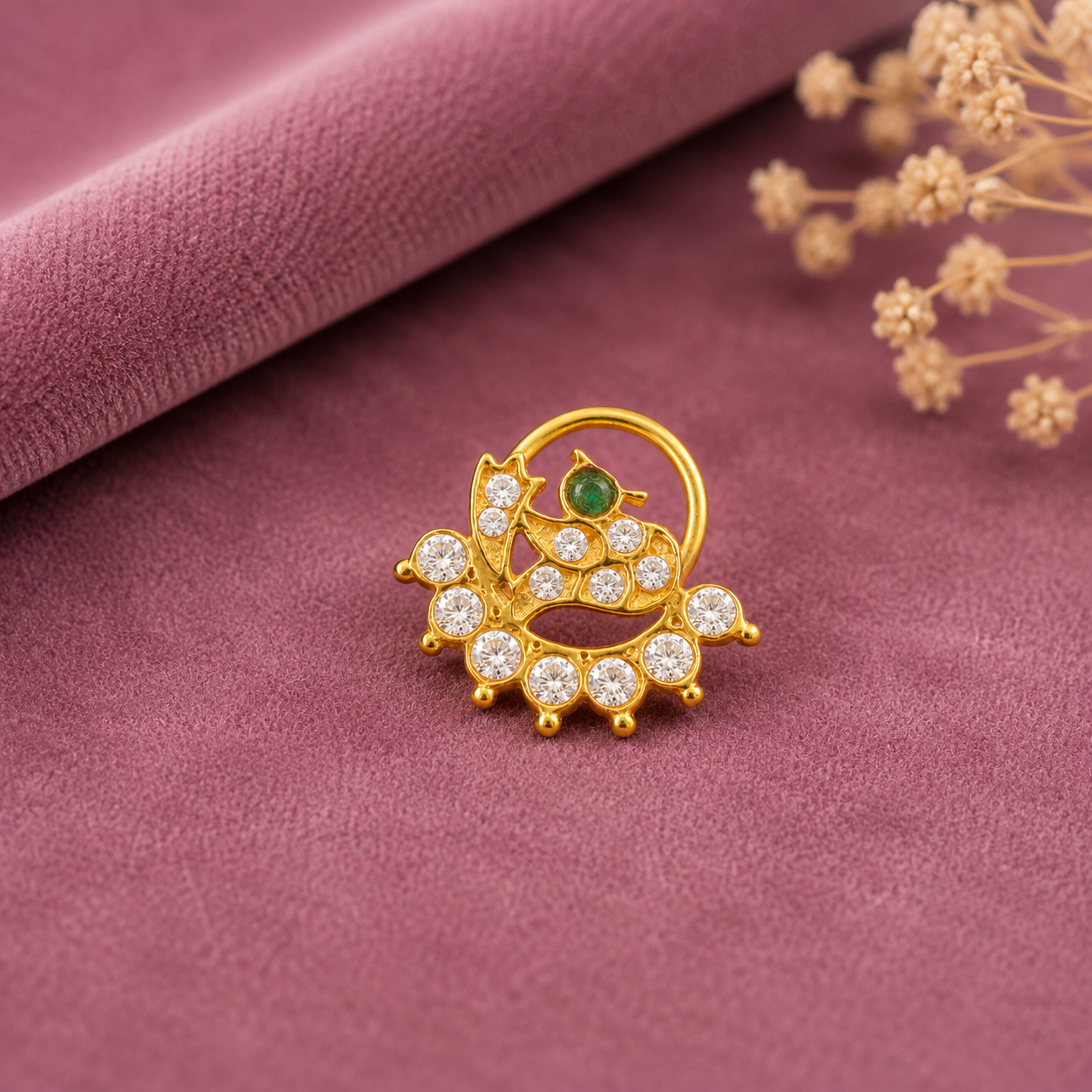 White & Green CZ Peacock Design Nose Pin - Sterling Silver Gold Plated