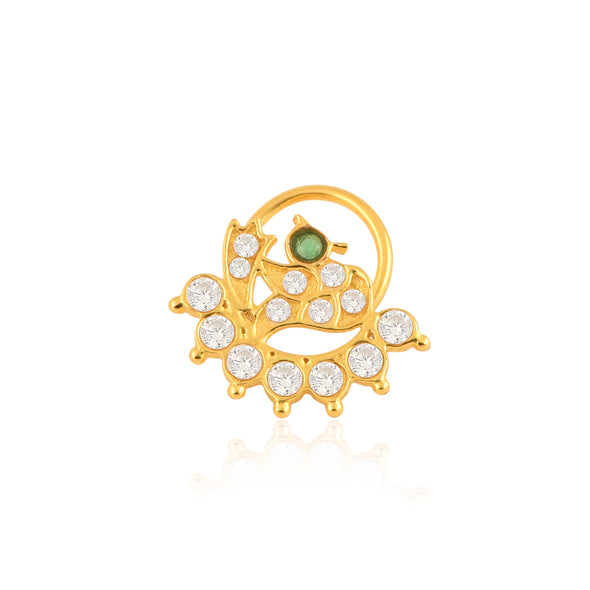 White & Green CZ Peacock Design Nose Pin - Sterling Silver Gold Plated