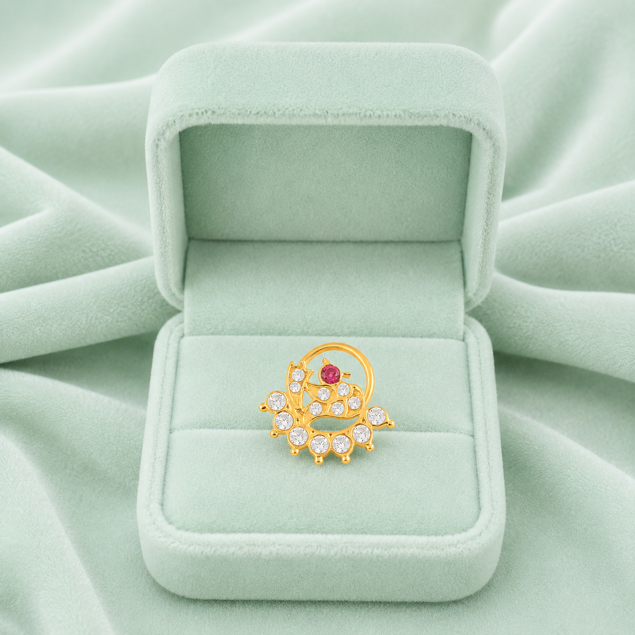 White & Red CZ Peacock Design Nose Pin - Sterling Silver Gold Plated