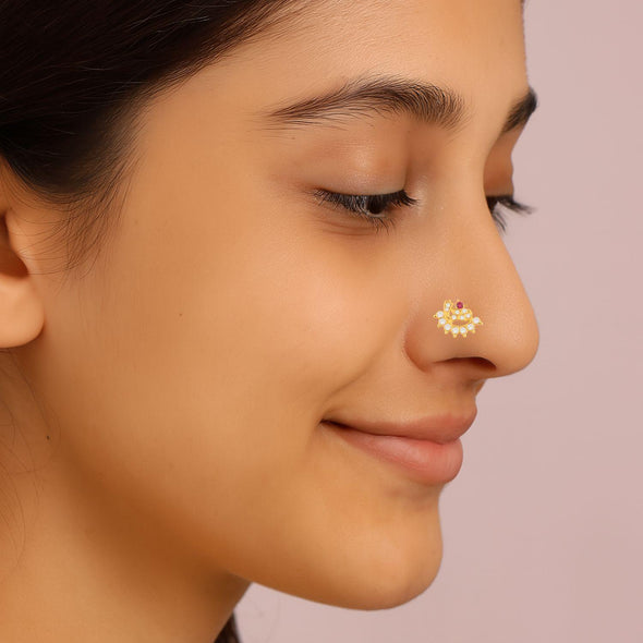 White & Red CZ Peacock Design Nose Pin - Sterling Silver Gold Plated