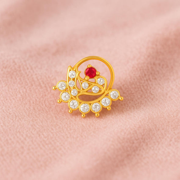 White & Red CZ Peacock Design Nose Pin - Sterling Silver Gold Plated