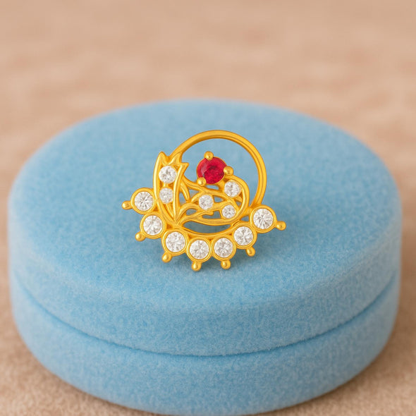 White & Red CZ Peacock Design Nose Pin - Sterling Silver Gold Plated
