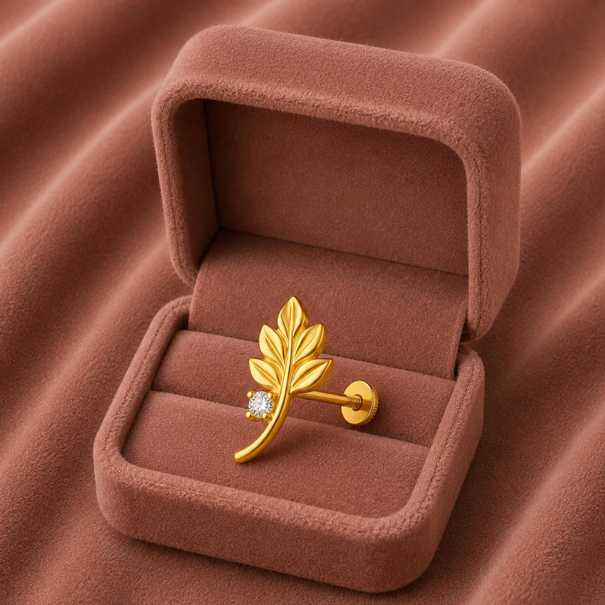 White CZ Leaf Motif Nose Pin – Sterling Silver Gold Plated